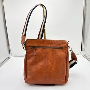 Heshe Brown Leather Crossbody Bag Purse Guitar Strap Satchel Boho Pockets Zipper